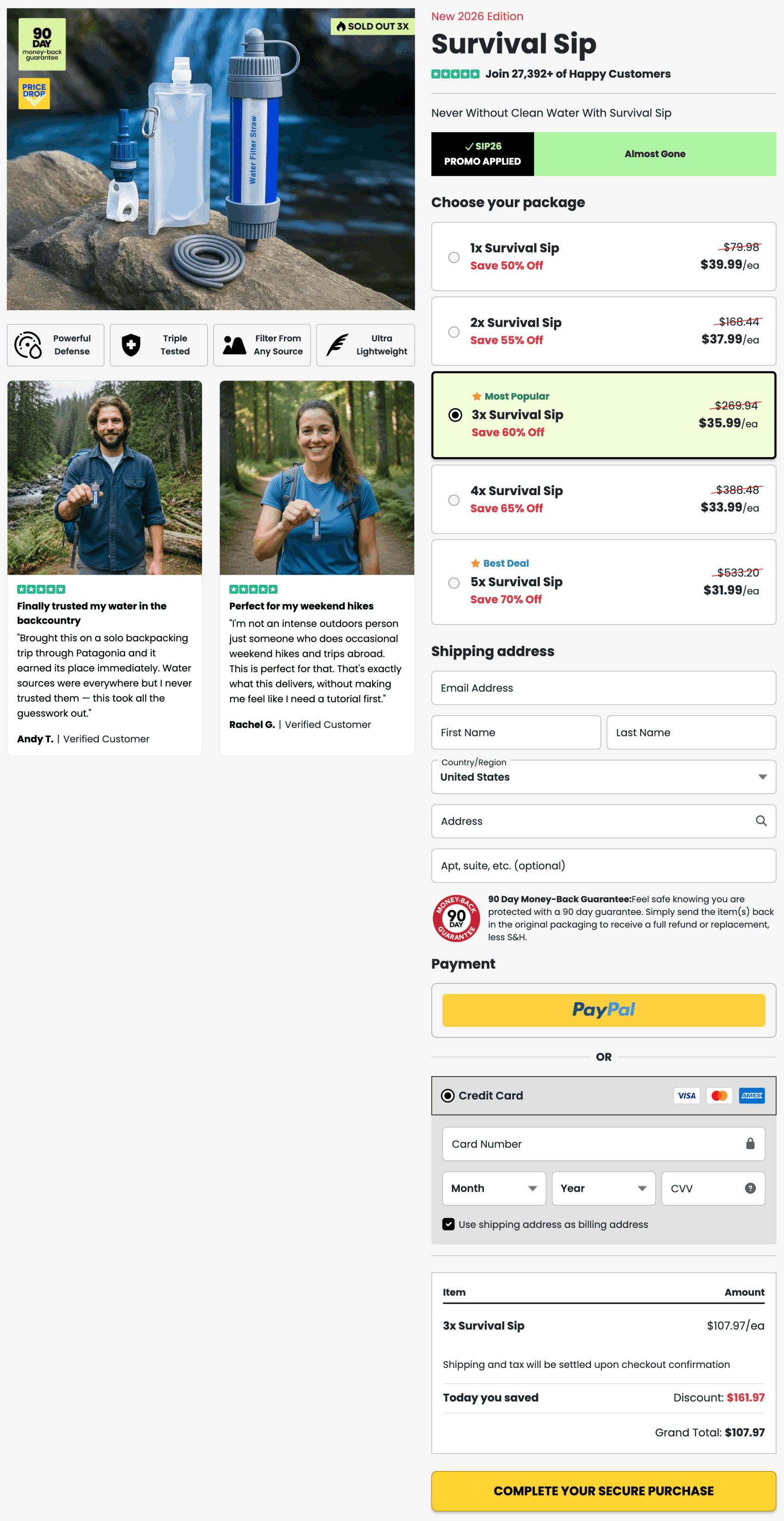 Survival Sip Water Filter 100% Secure Checkout page