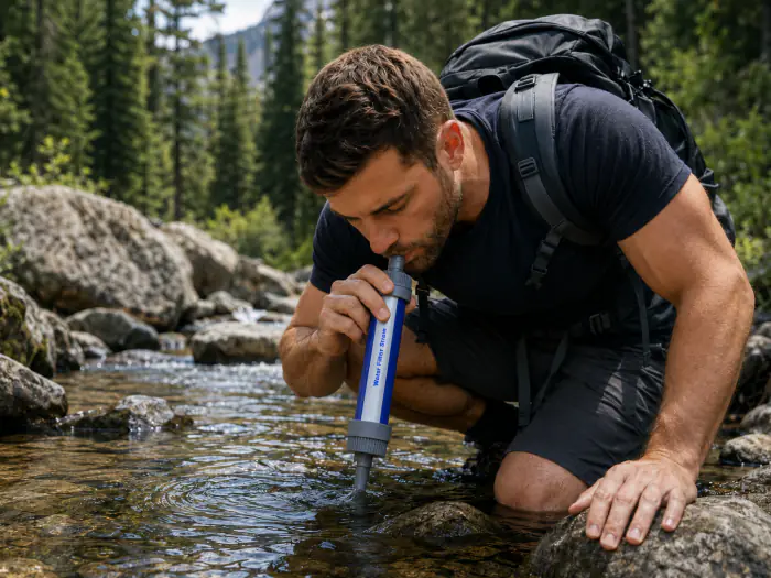 Backpacker drinking straight from a stream with the Survival Sip water filter