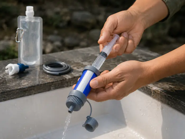 Step 4: backflushing the Survival Sip filter with the cleaning syringe